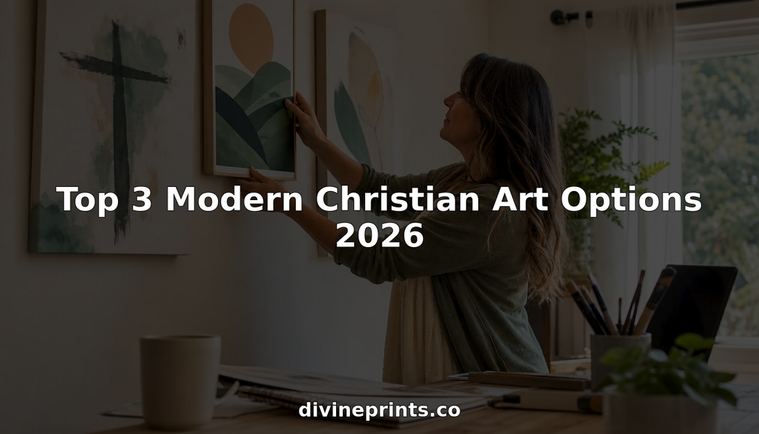 Woman arranging modern Christian art prints on gallery wall