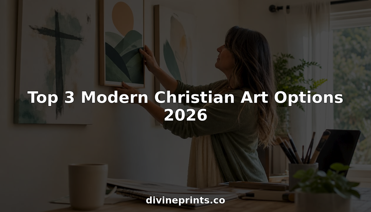 Woman arranging modern Christian art prints on gallery wall