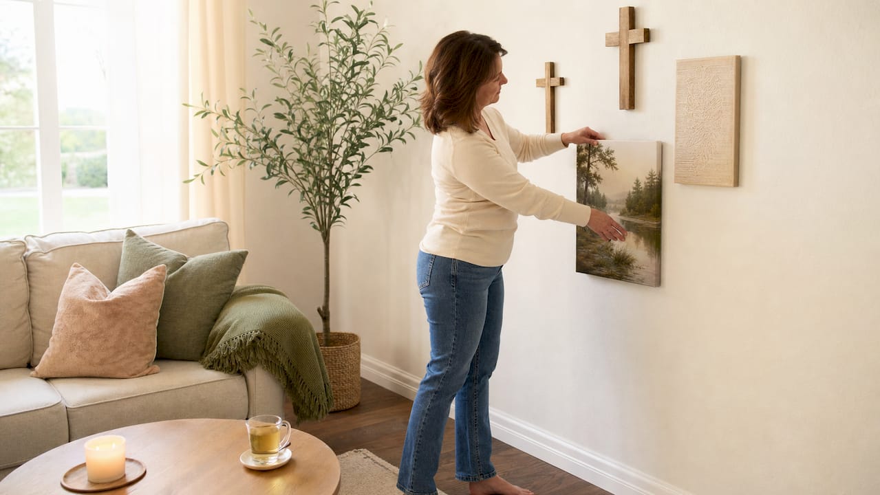 Woman arranging Christian wall decor in living room