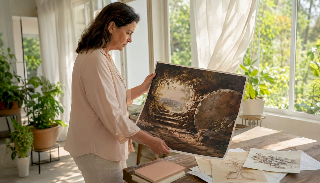 Art historian studying empty tomb painting print