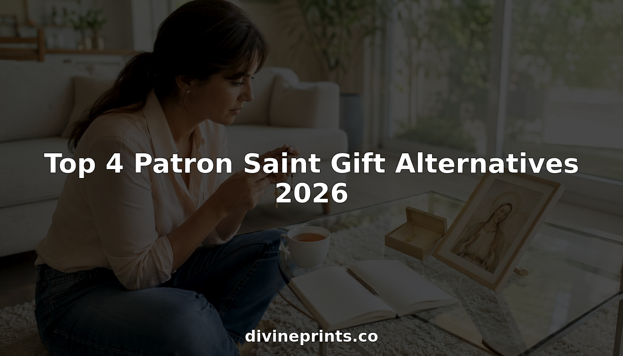 Woman selecting patron saint gifts at home table