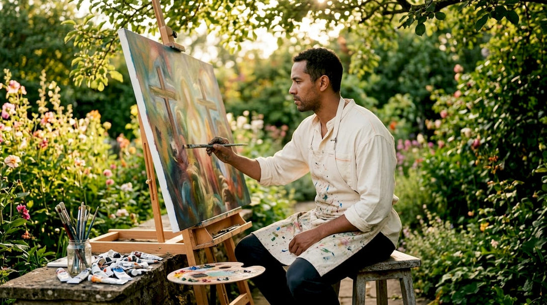 Modern religious artist painting in bright studio