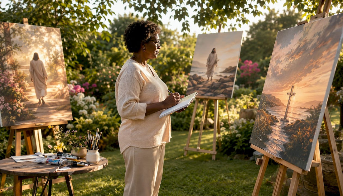 Woman reviewing Christian canvas wall art in studio