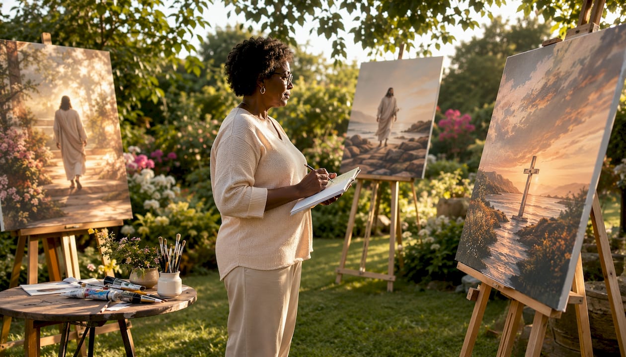 Woman reviewing Christian canvas wall art in studio