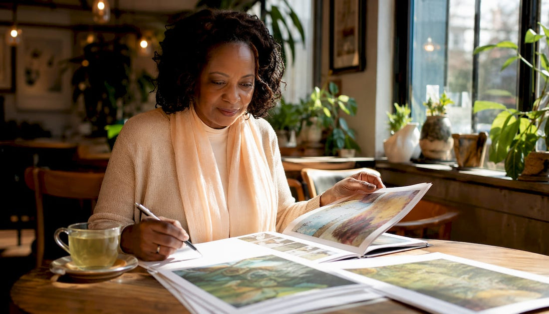 Woman reviewing Jesus art catalogs in studio