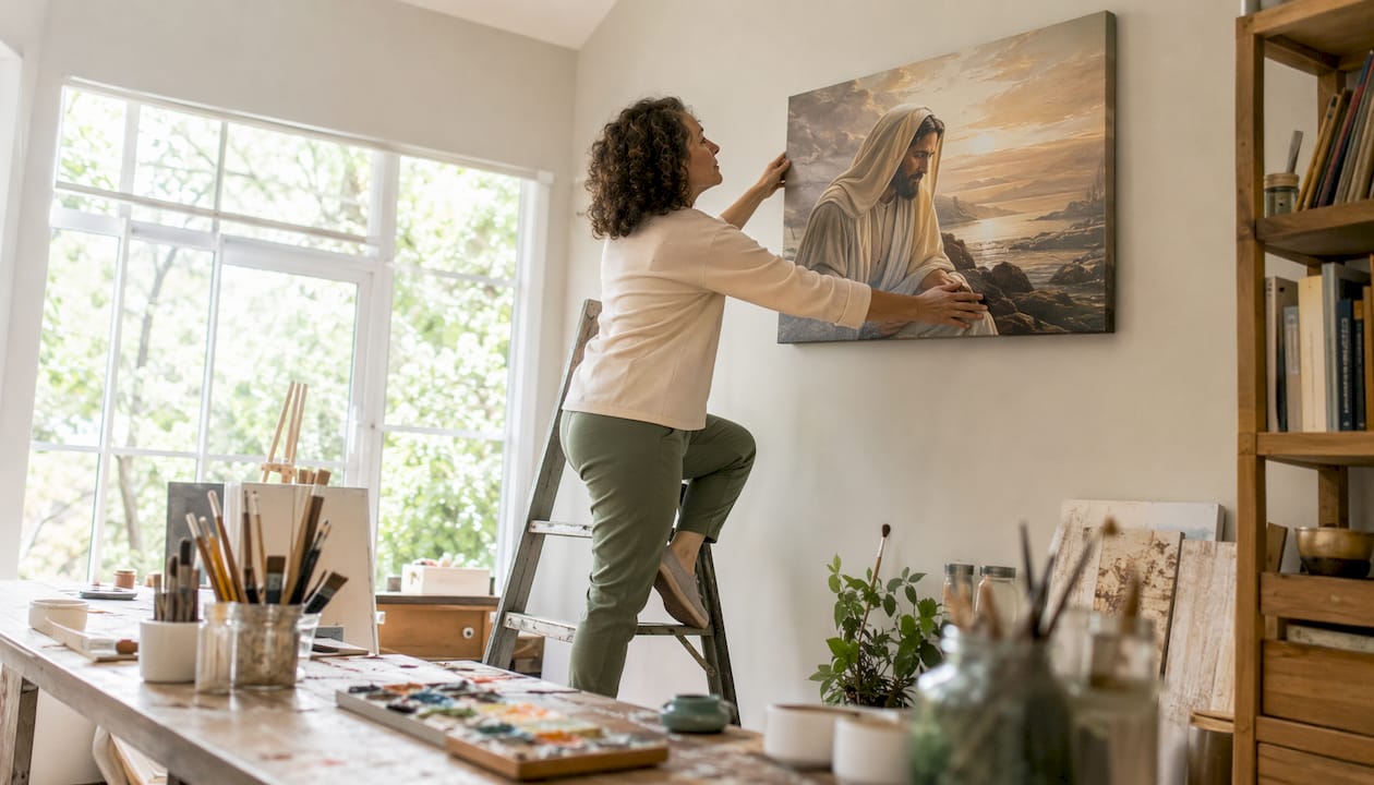 Woman hanging large Christian wall art in living room