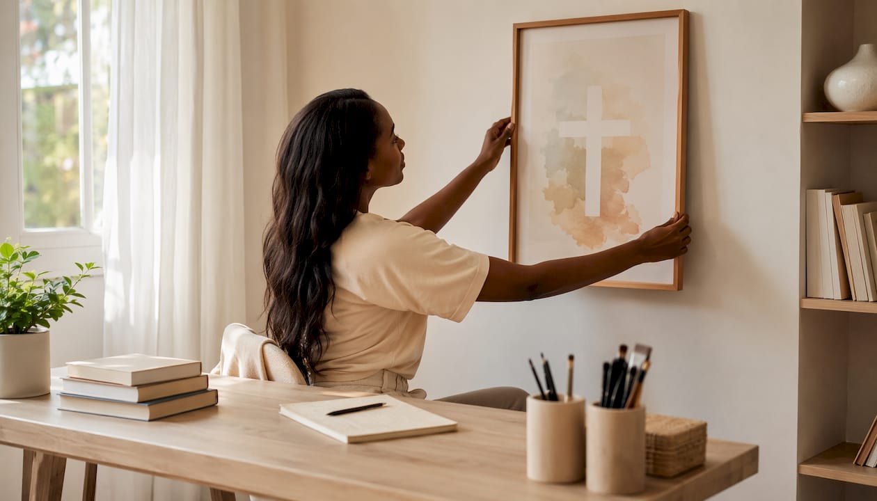 Woman hanging Christian wall art in living room