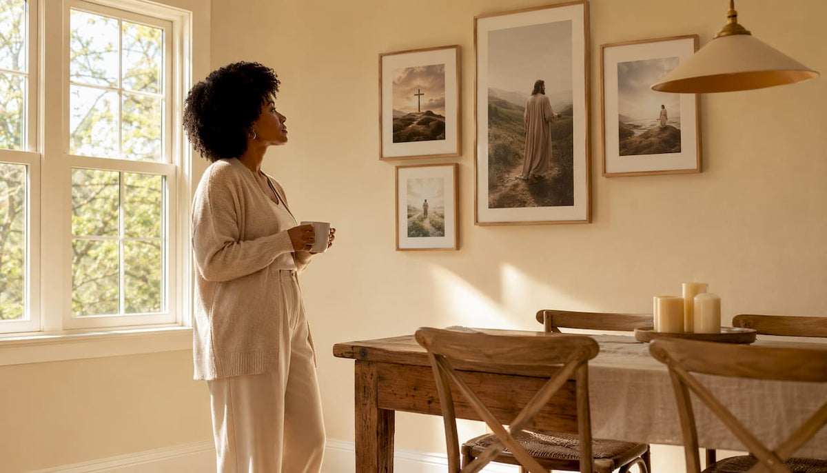 Woman viewing framed Christian wall art at home