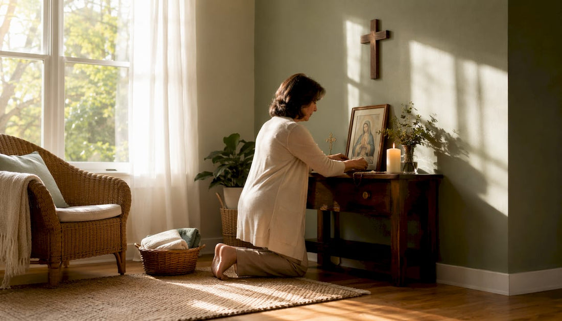 Woman arranging prayer corner items in home