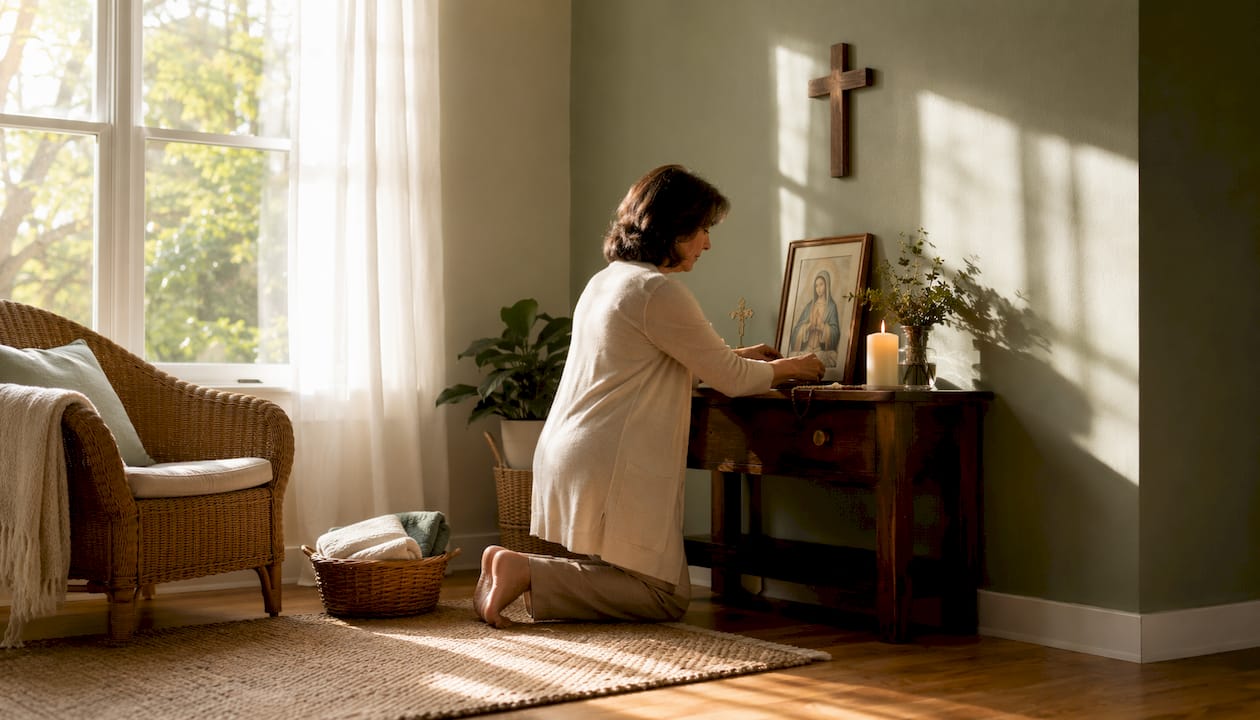 Woman arranging prayer corner items in home