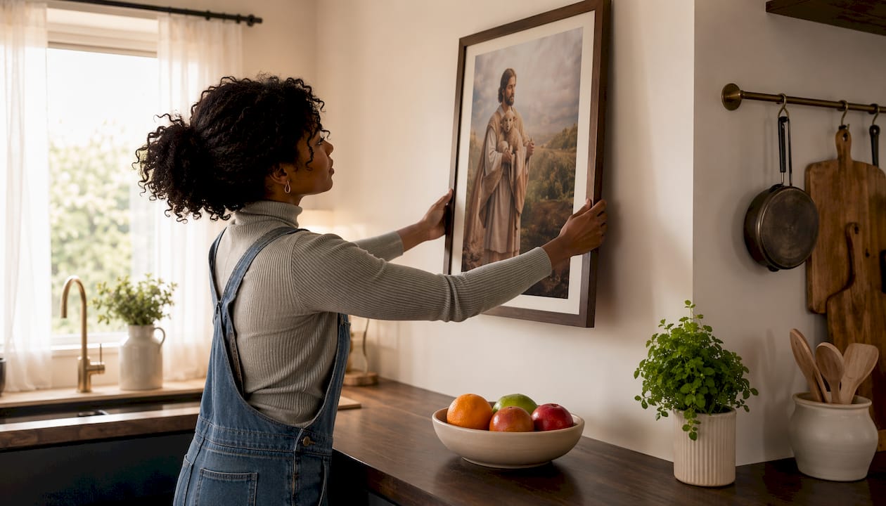 Woman hanging Christian art print in modern living room