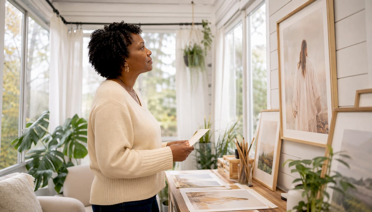 Woman examining framed devotional wall art
