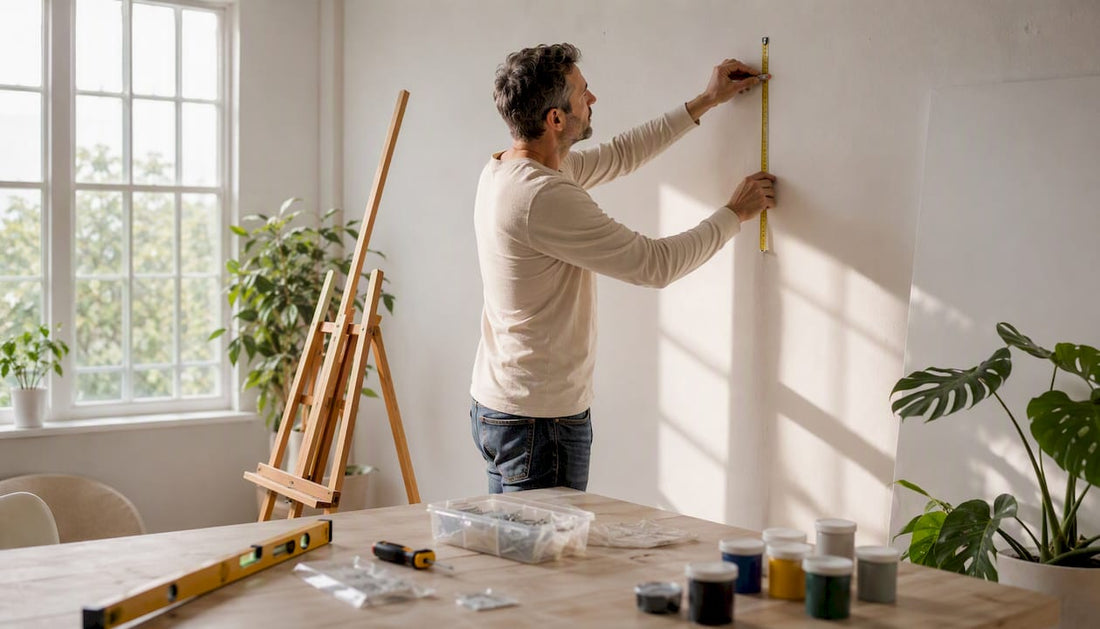 Man preparing tools for hanging canvas art