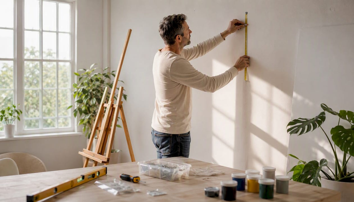 Man preparing tools for hanging canvas art