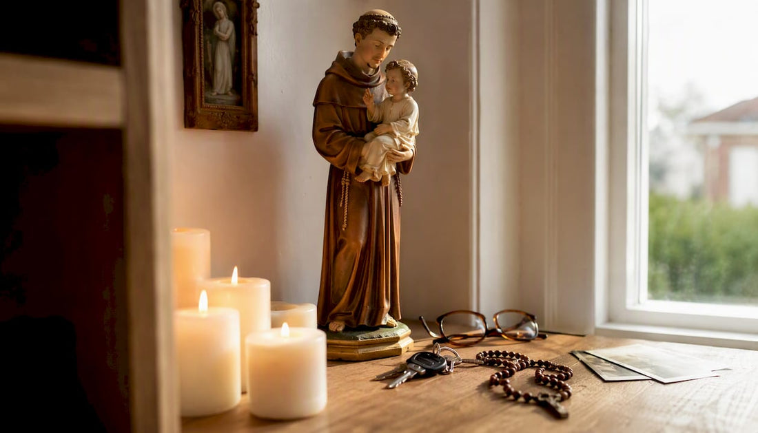 Statue of St. Anthony with devotional items