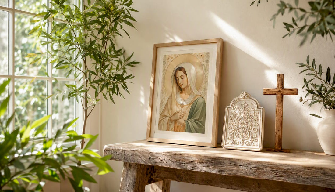 Framed saint print and blessing plaque in home entry