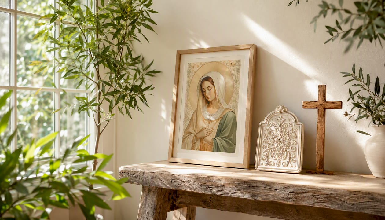 Framed saint print and blessing plaque in home entry