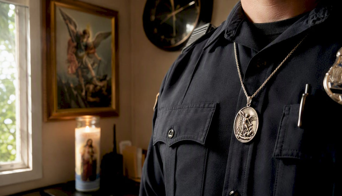 St. Michael medal worn on police uniform