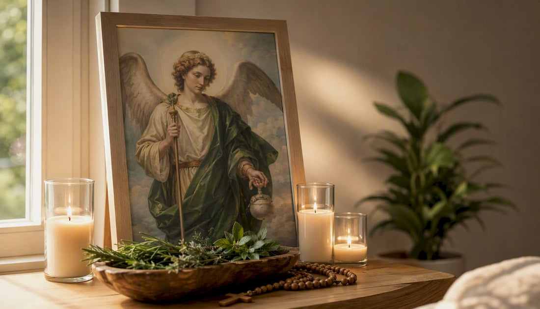 Devotional altar with Archangel Raphael print and candles