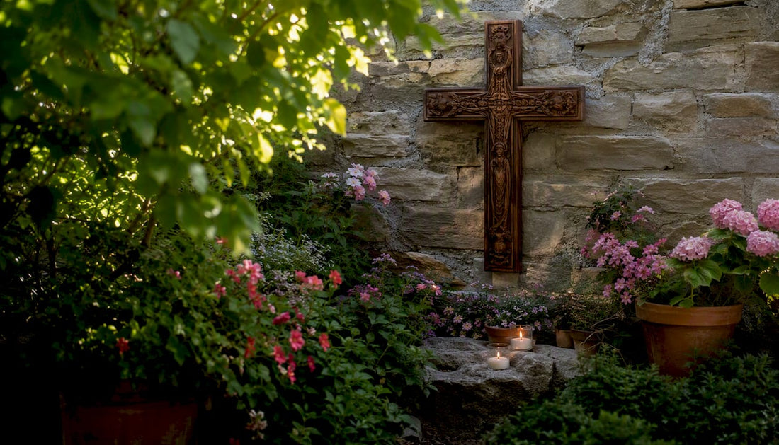 Chaplet and crucifix in chapel corner