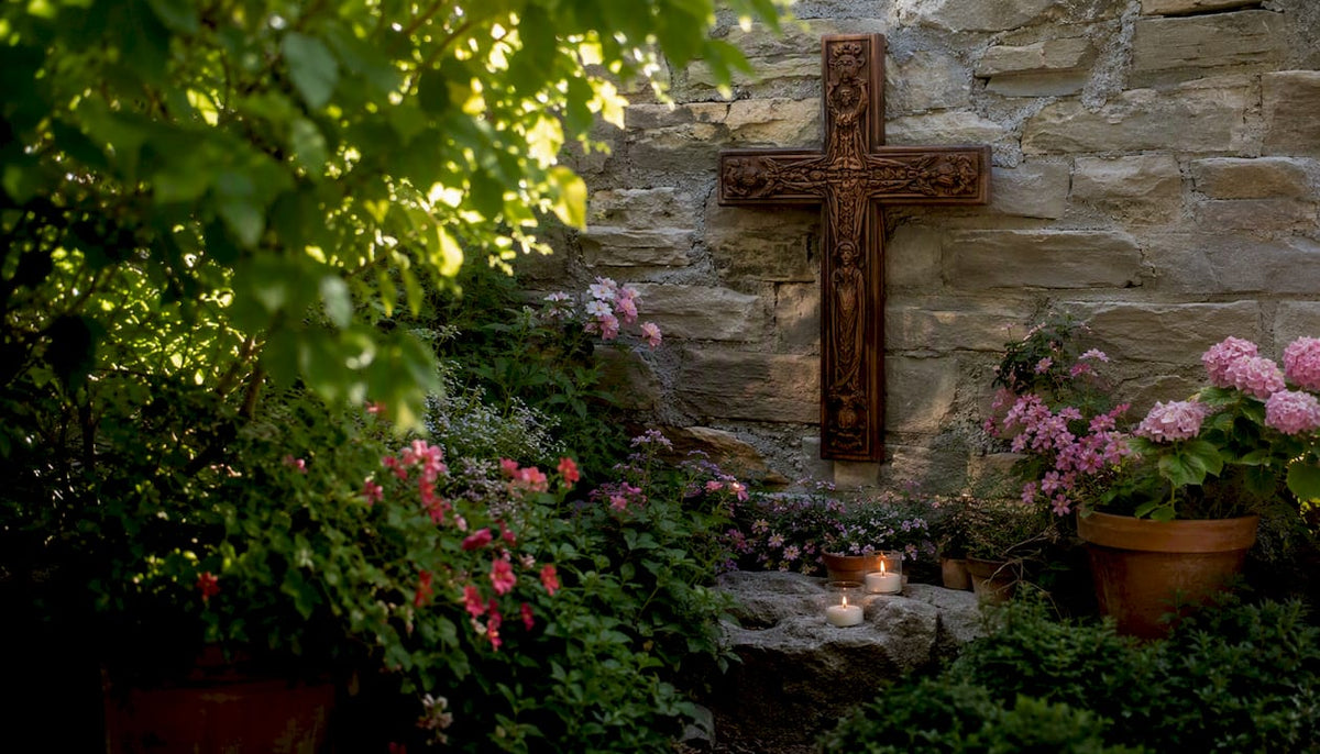 Chaplet and crucifix in chapel corner