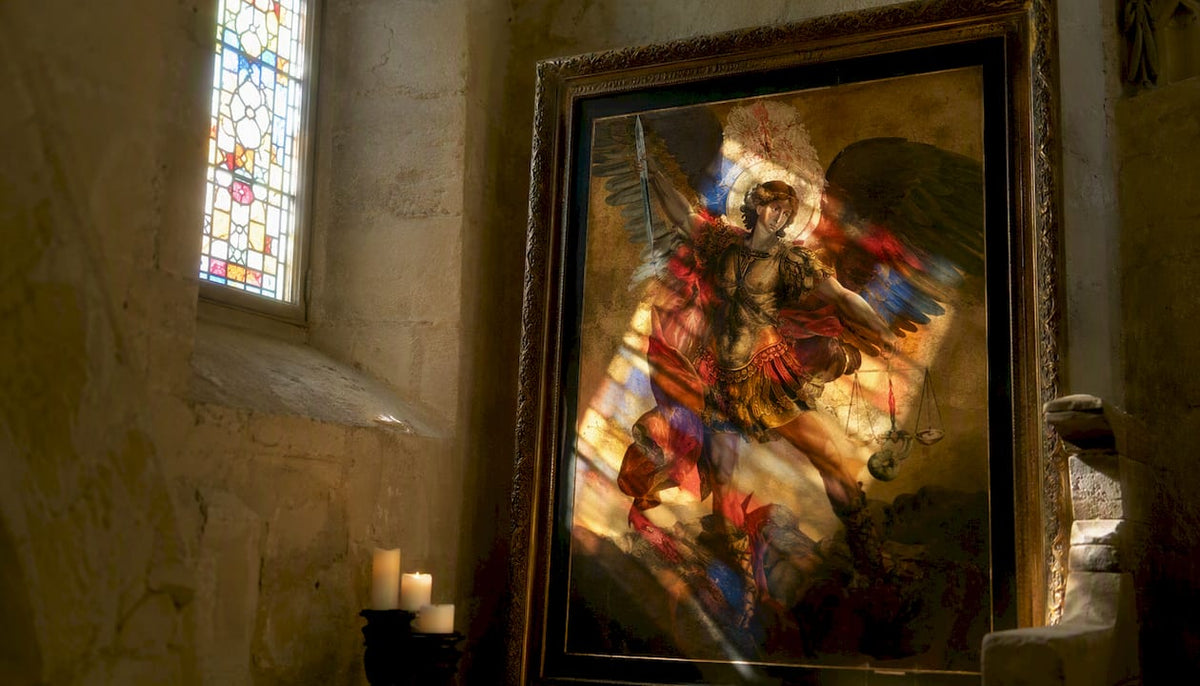 Historic archangel painting in church interior