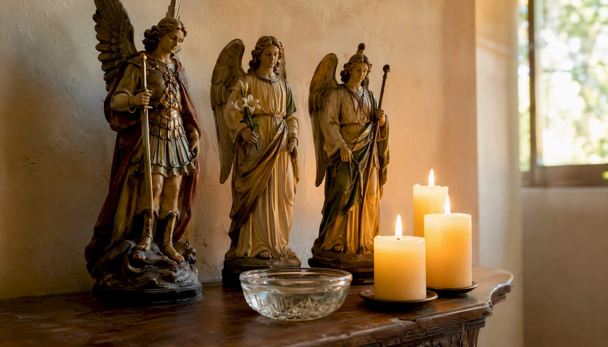 Devotional statues of archangels with candles