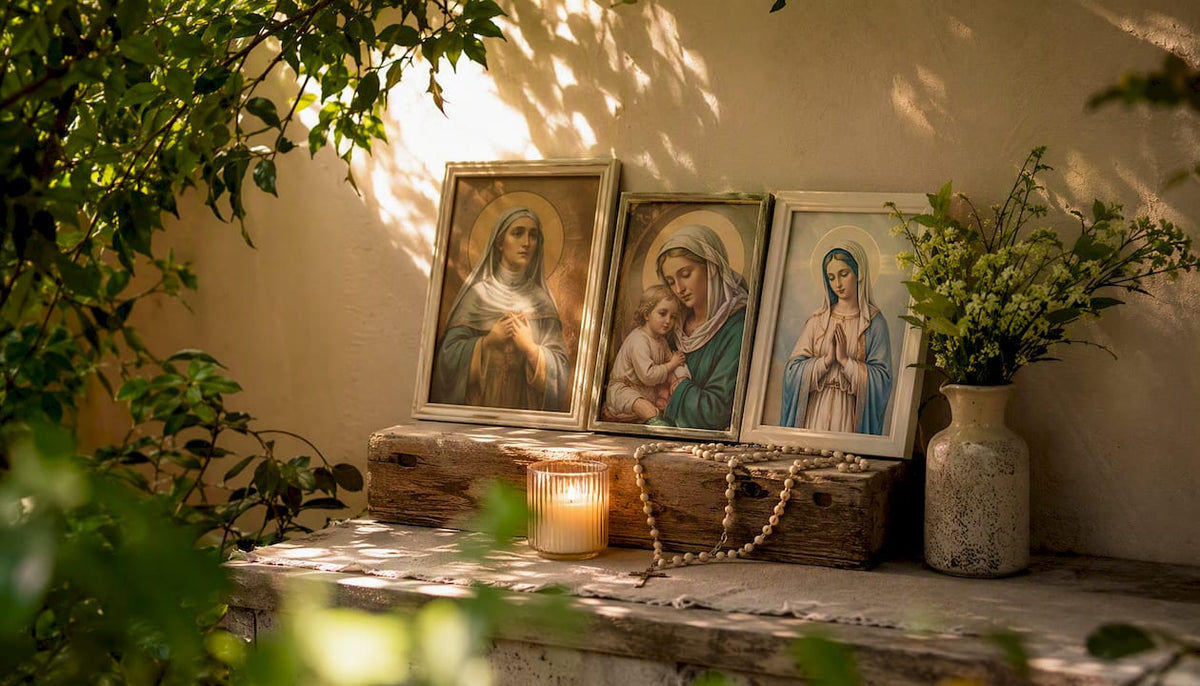 Prayer corner with saint prints and candle