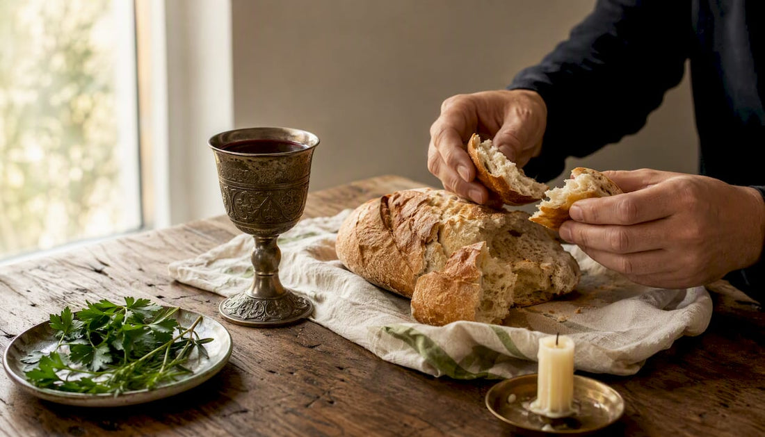 Hands breaking bread and cup of wine on rustic table
