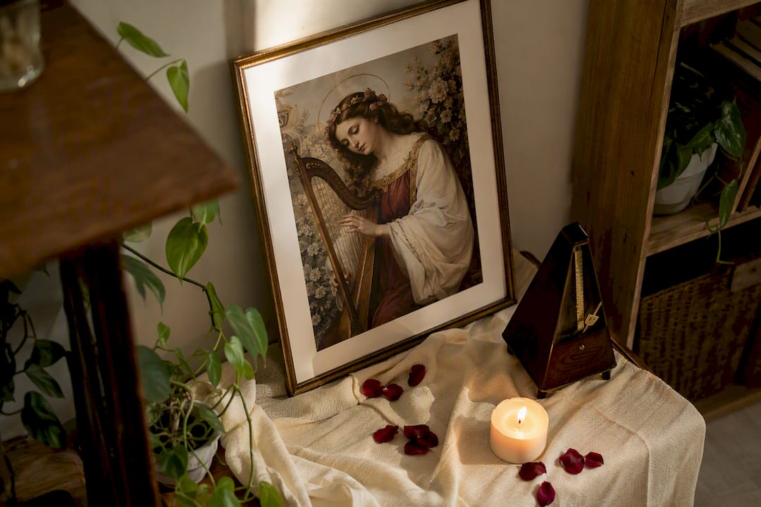 Altar with Saint Cecilia art and violin