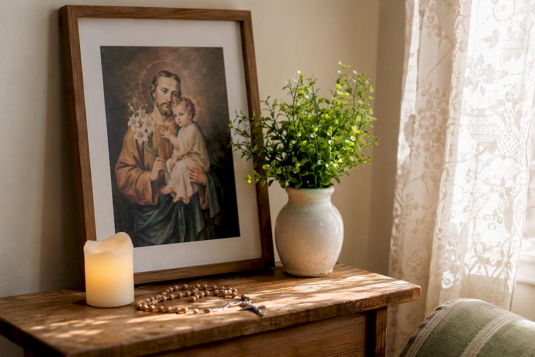 Modest home altar with saint print and candles