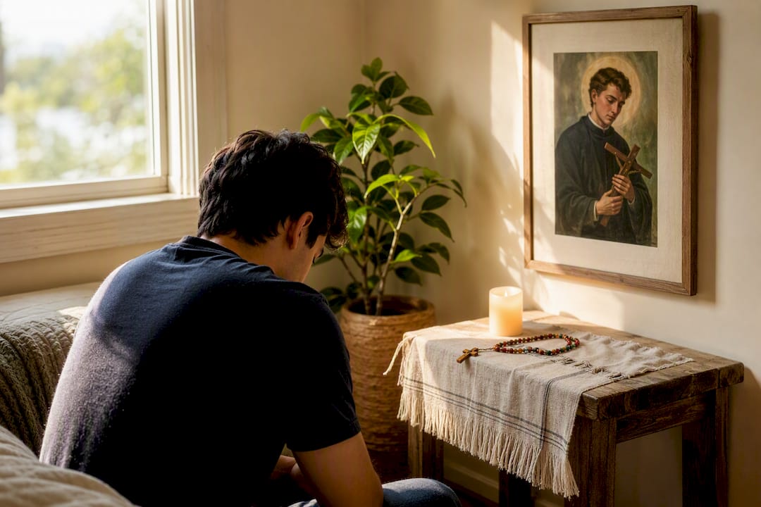 Saint print and devotional items on altar table