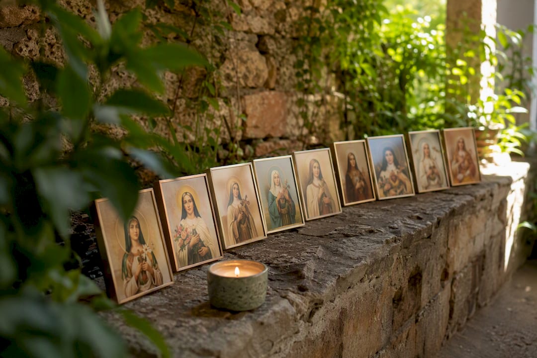 Prayer corner with female saint prints and candle