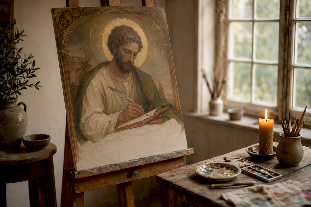 Devotional painting of St. Catherine with artist tools