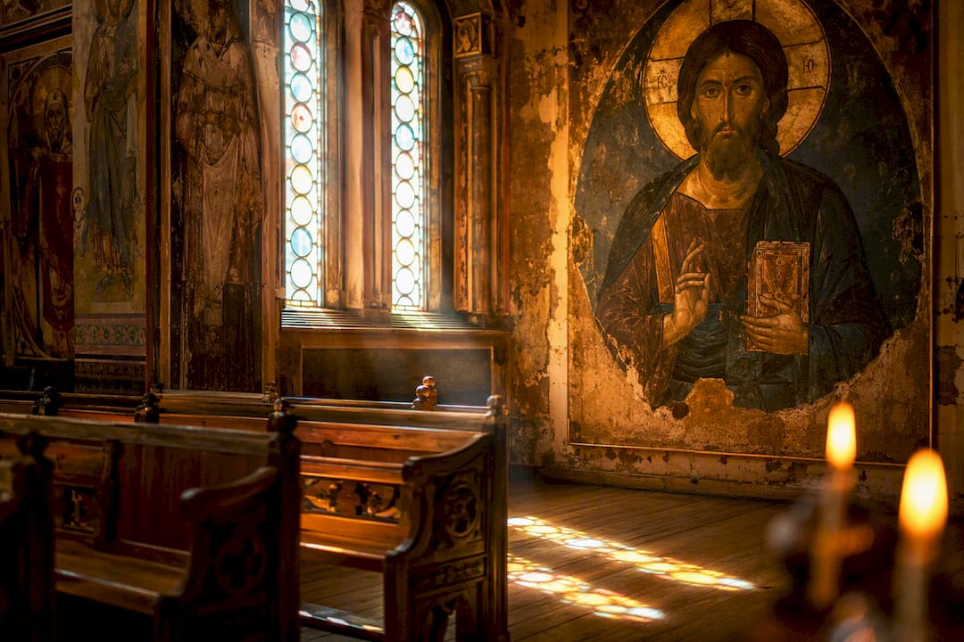 Close-up of Christ Pantocrator icon in chapel