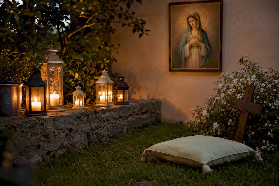 Prayer nook with saint print and candles
