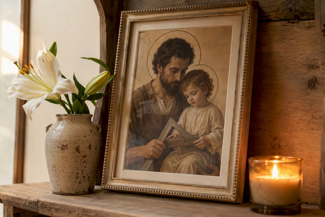Prayer corner with St. Joseph devotional print and lily