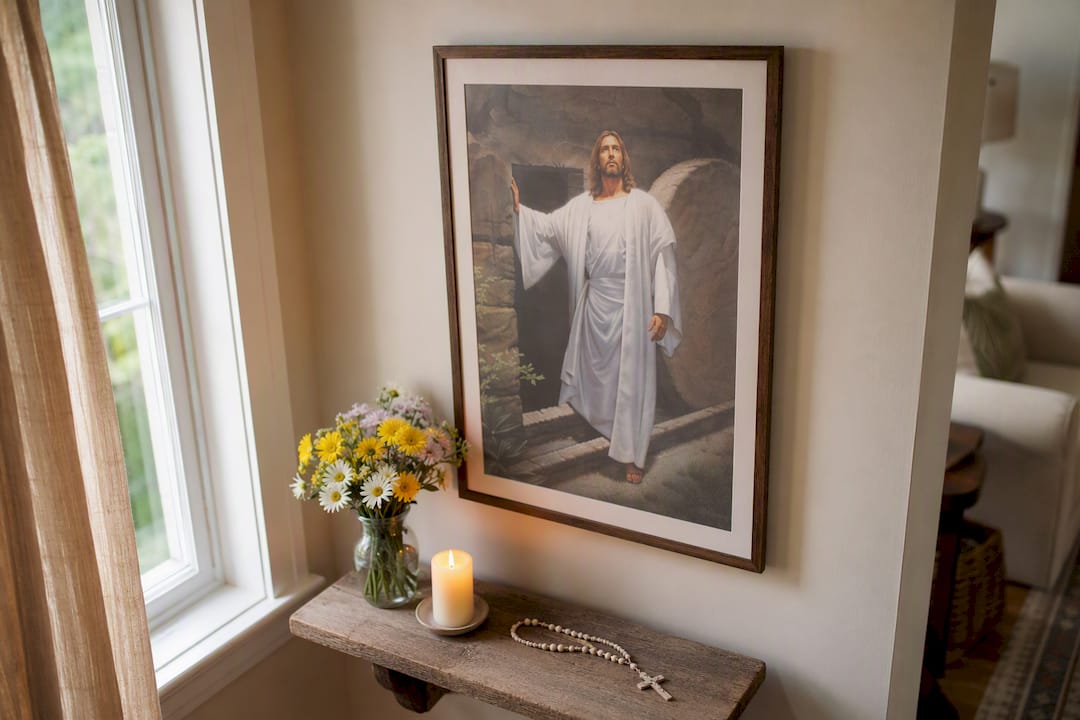 Easter devotional wall art in home prayer corner