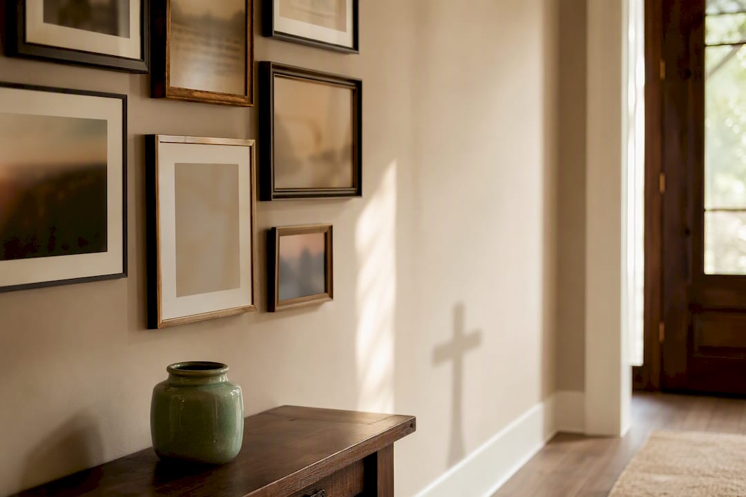 Devotional art arrangement in a bright entryway