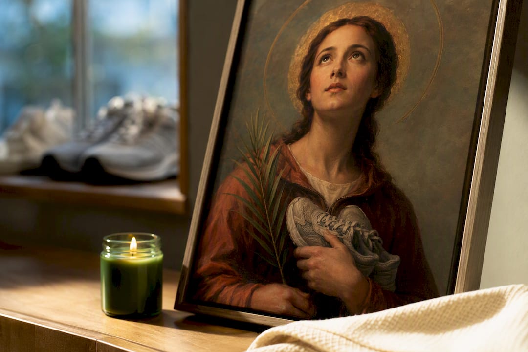 Cropped saint devotional portrait in home