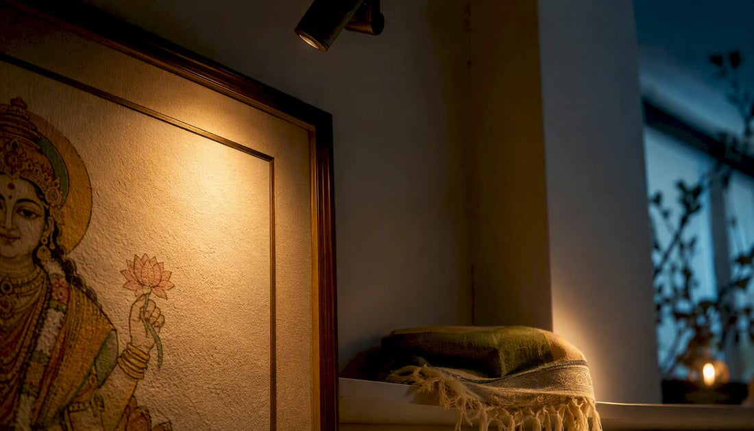 Devotional artwork lit at a museum angle