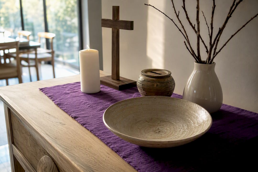 Simple Lent home altar with purple cloth