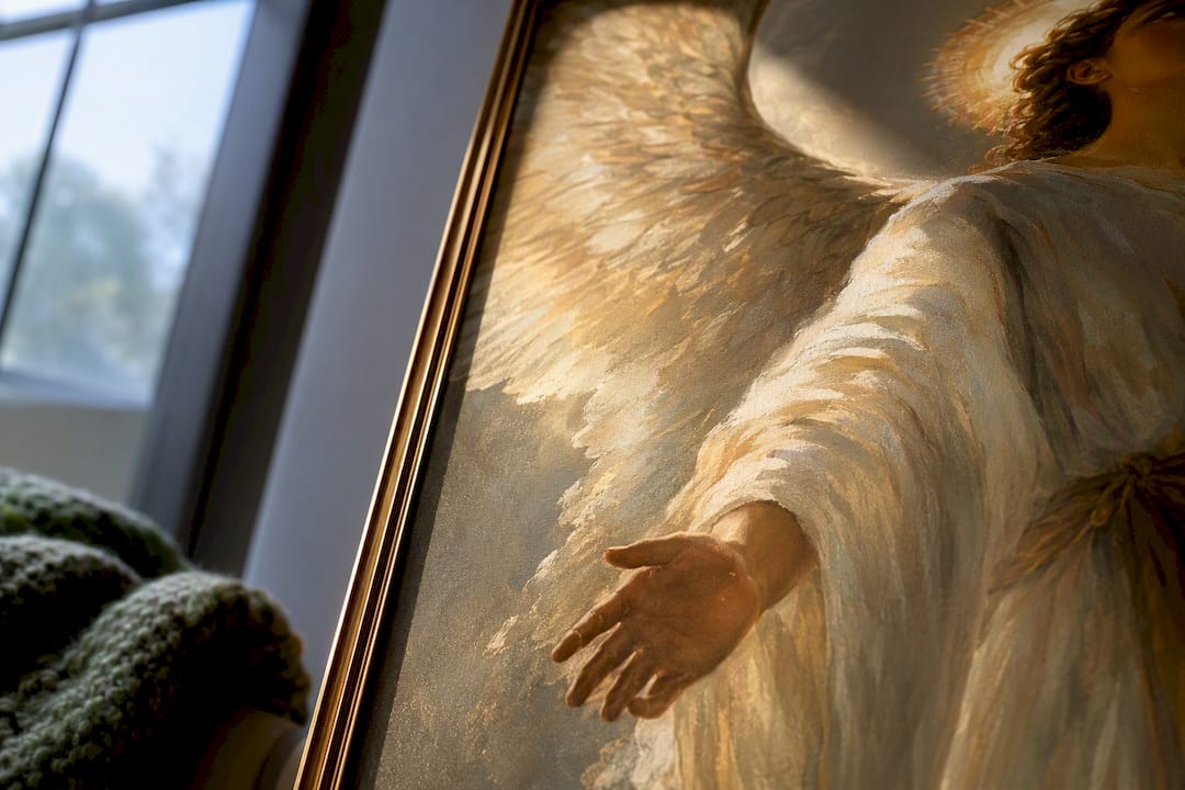 Guardian angel painting detail with protective gesture