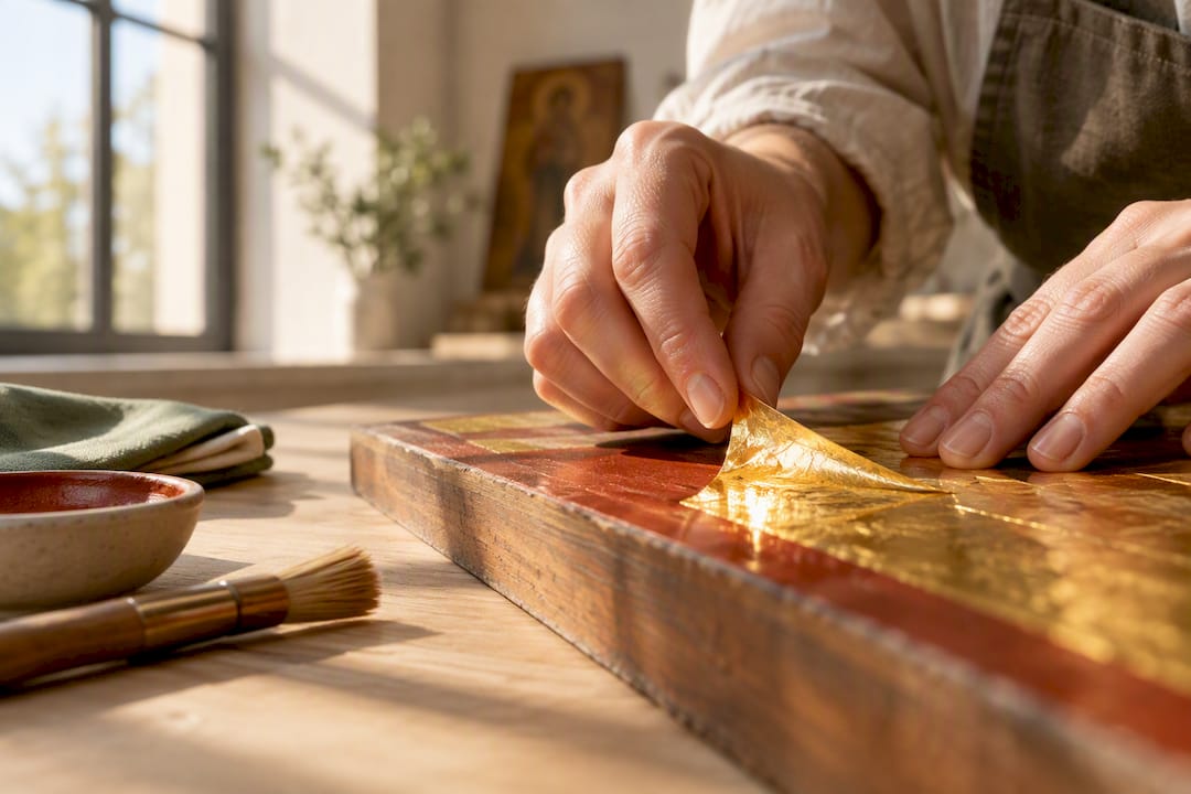 Iconographer applying gold leaf to panel