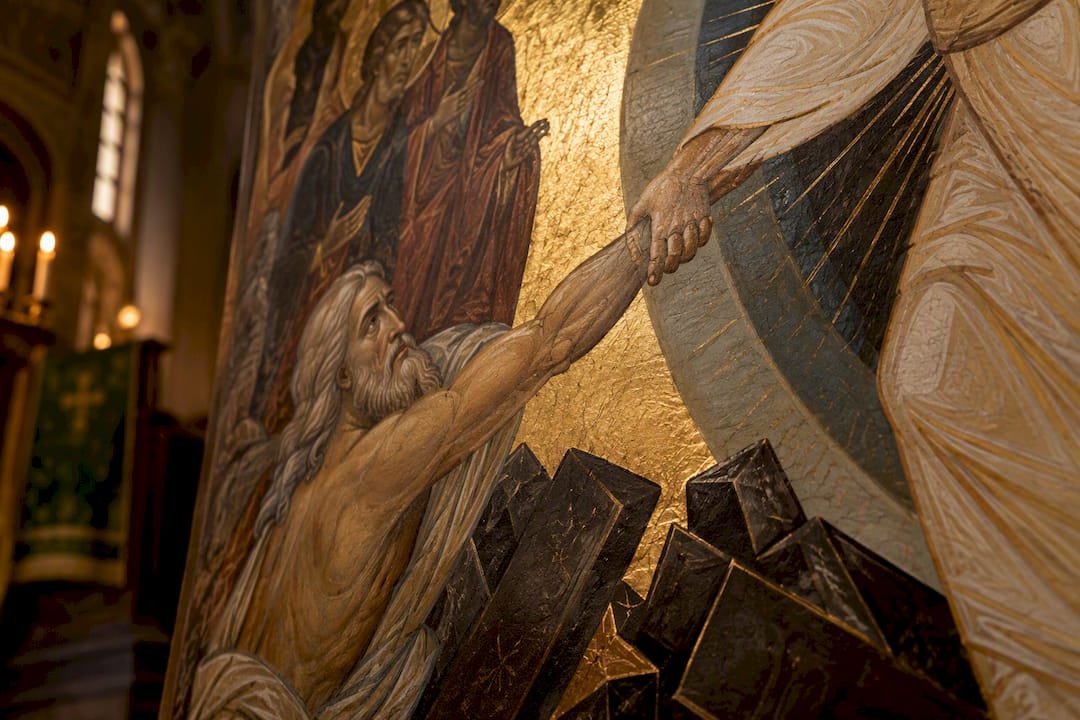 Detail of Christ raising Adam in Resurrection art