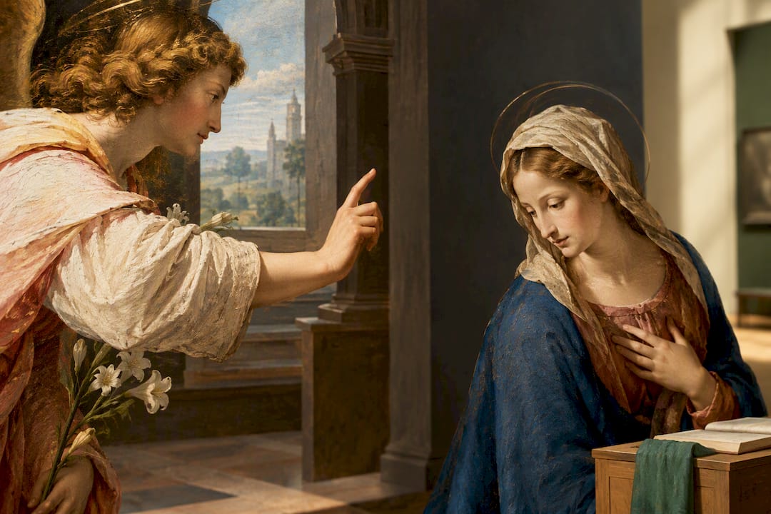 Cropped Annunciation painting detail in museum