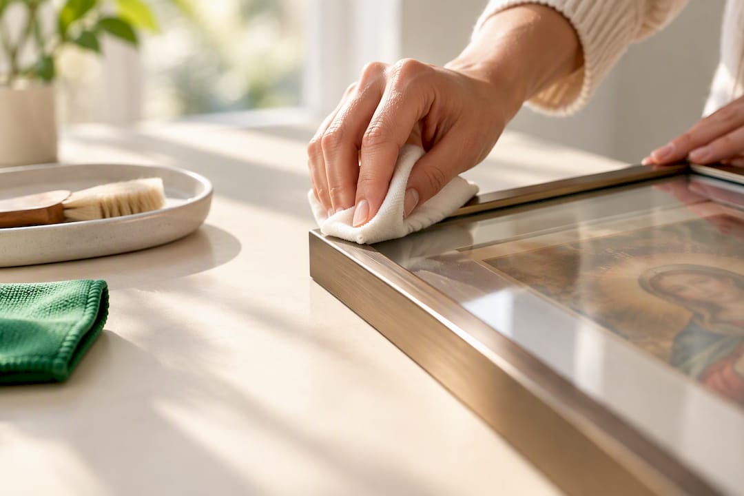 Hands cleaning framed print glazing safely