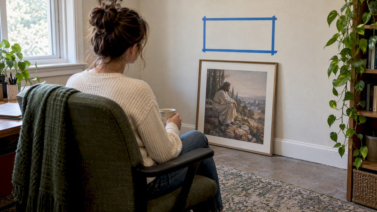 Christian wall art positioned for seated sightline