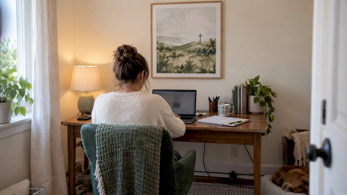 Small home office with Christian wall art