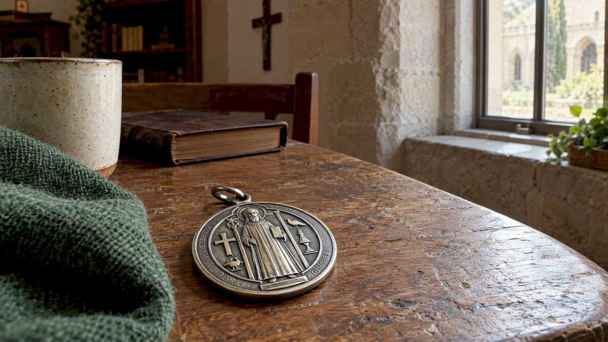 St. Benedict Medal on monastery table